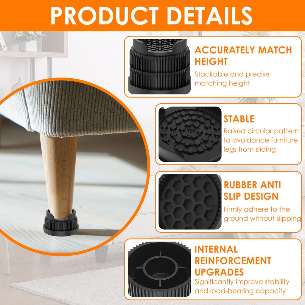 12/16 Pcs Furniture Risers Rubber Base Bed Heightening Foot Pad Heavy Duty Non-slip Floor Protecto Chair Table Feet Leg Lift
