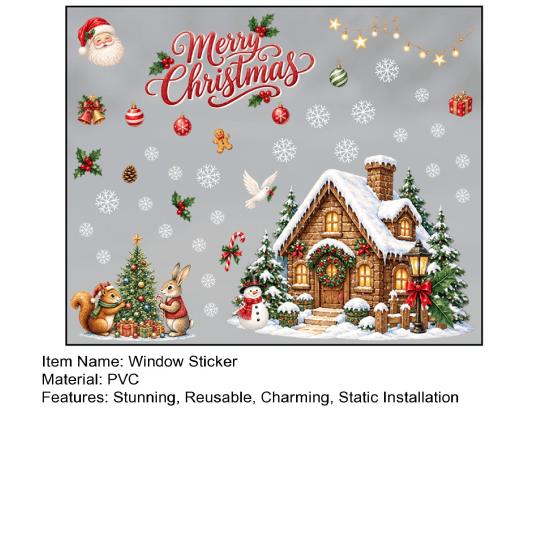 Indoor Window Glass Ornaments Christmas Clings, Snowy Village House Xmas Tree Squirrel Rabbit Clings Sticker, Double-Sided Static Decal for