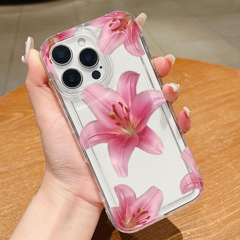 For iPhone 17 16 15 14 13 12 11 Pro Max Case Pink Lily Flower Design Clear Cover For iPhone 13 Mini XS XR X 7 8 Plus 16E Fundas