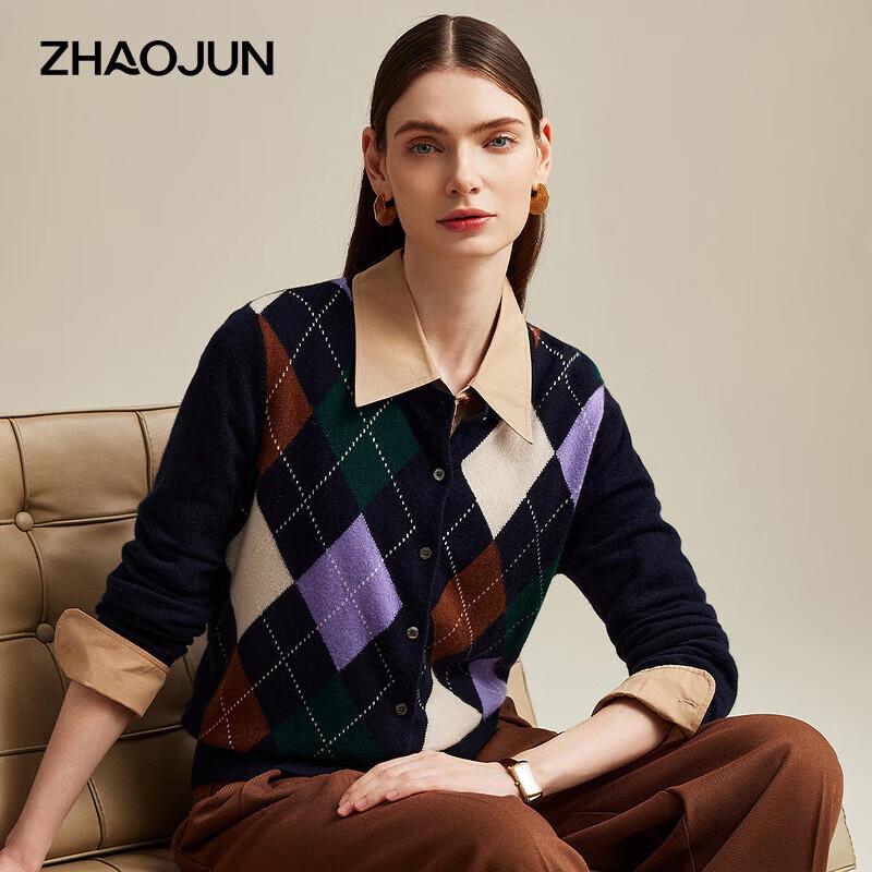 Zhaojun Women's Pure Cashmere Round Neck Diamond Knit Cardigan