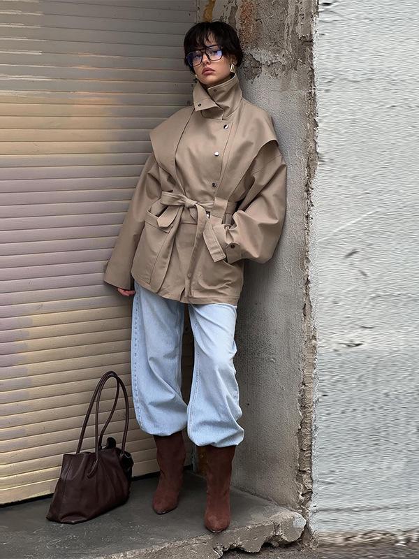 In Stock - New Elegant Khaki Autumn Trench Coat with Stand-Up Collar & Belted Waist