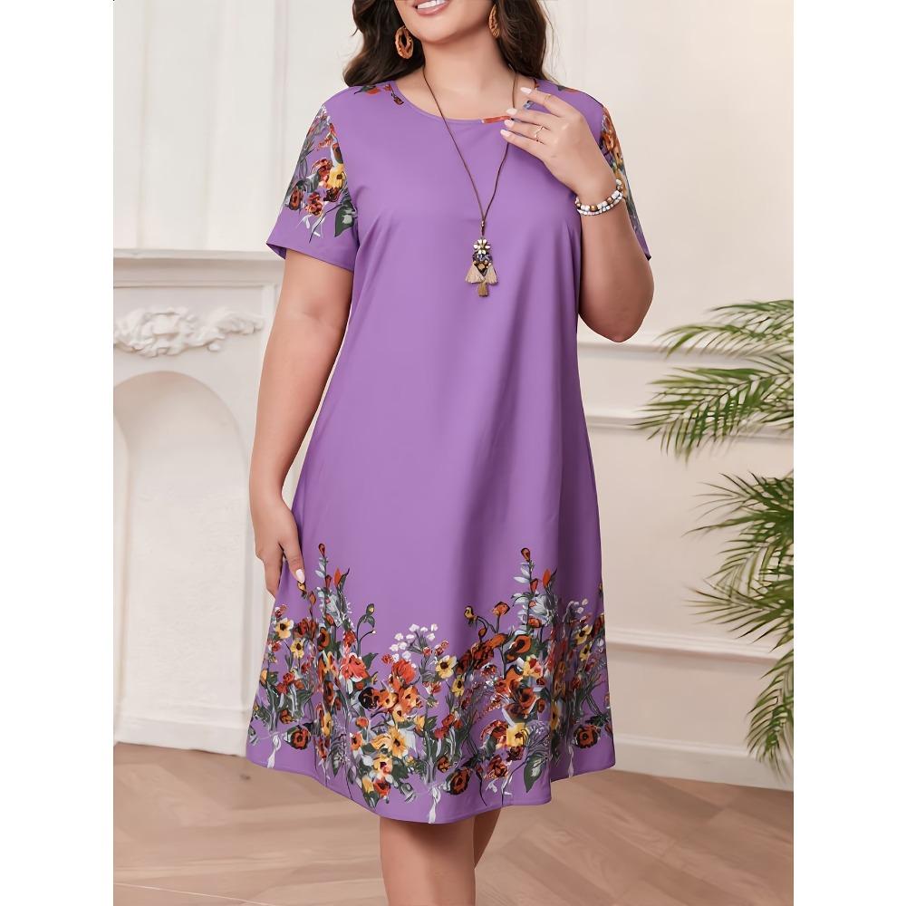 Big Size Women's Dress 3D Vintage Floral Summer Short Sleeve round Neck Casual Dress