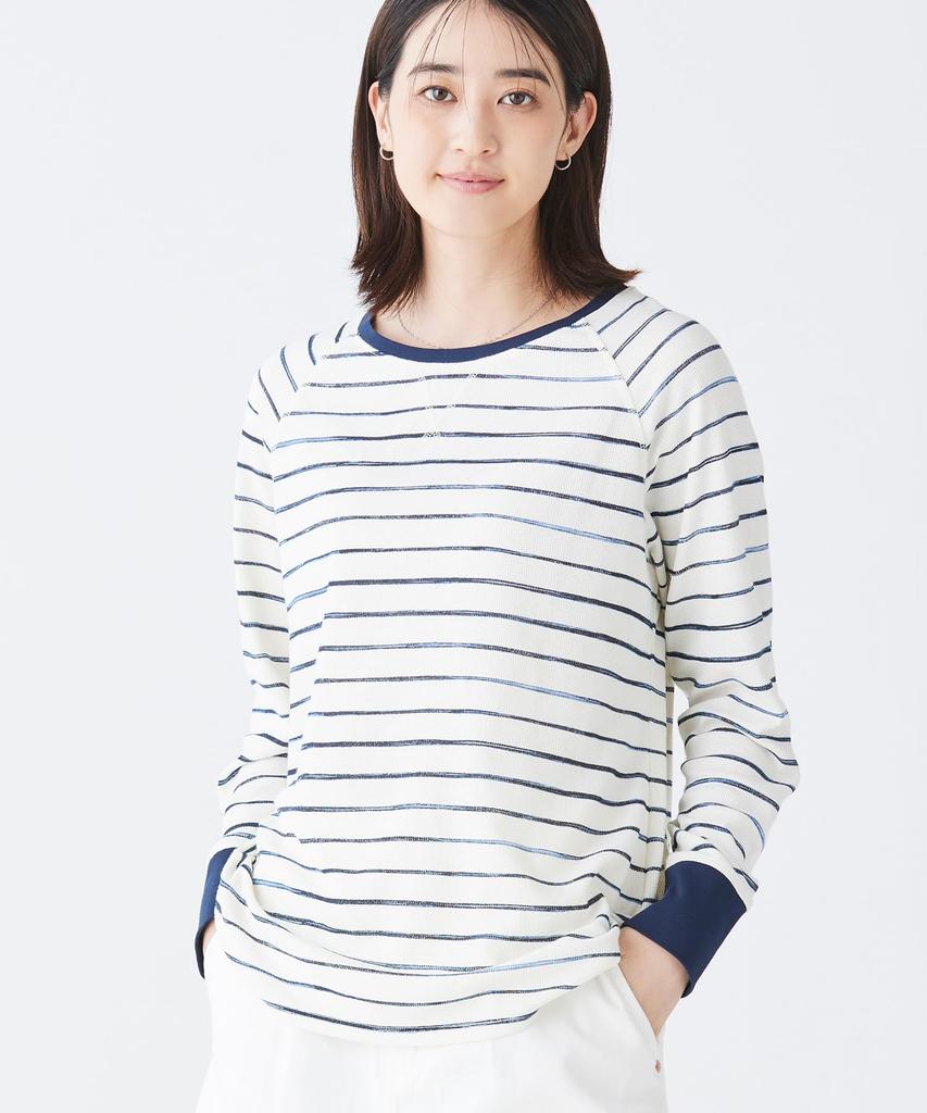 LL Bean Unshrunkable Mini Waffle Long Sleeve Crew US Size Sailcloth Painterly 1000191681 Women's Tee, Neck, Striped, Fit, Petite, M, Stripe, White,