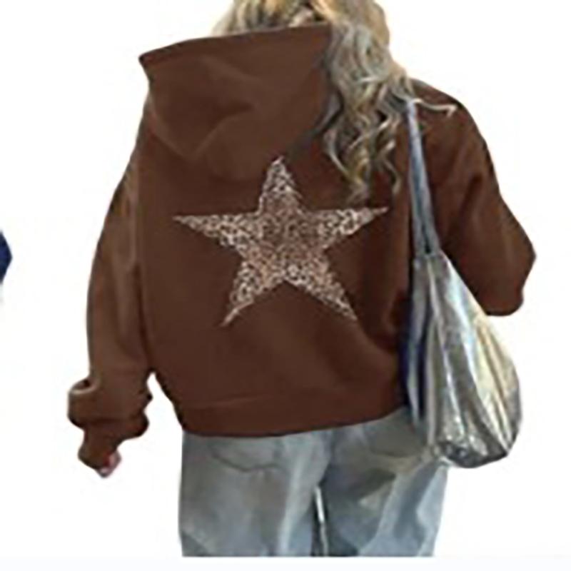 Mode Einfacher Leopardenmuster Fünfzackiger Stern Kapuzenpullover Lässig Locker Kängurutasche Kordelzug Pullover Oberteile