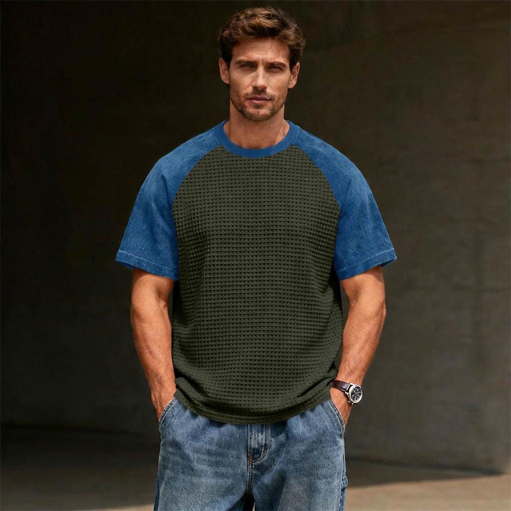 Men's Casual Lightweight Waffle Knit Raglan Short Sleeve Crew Neck Shirt Loose Fit Big Size Top for Everyday Wear