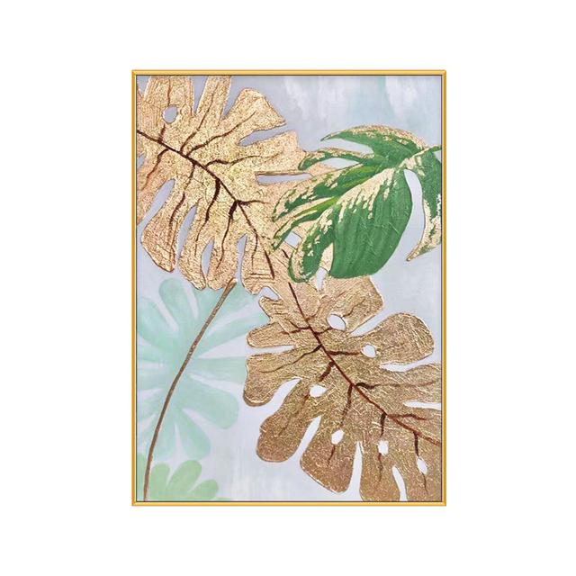 Abstraktes grünes Blatt-Ölgemälde, Stickerei, Blume, goldene Blume, Leinwand-Poster, Portikus-Wanddekoration