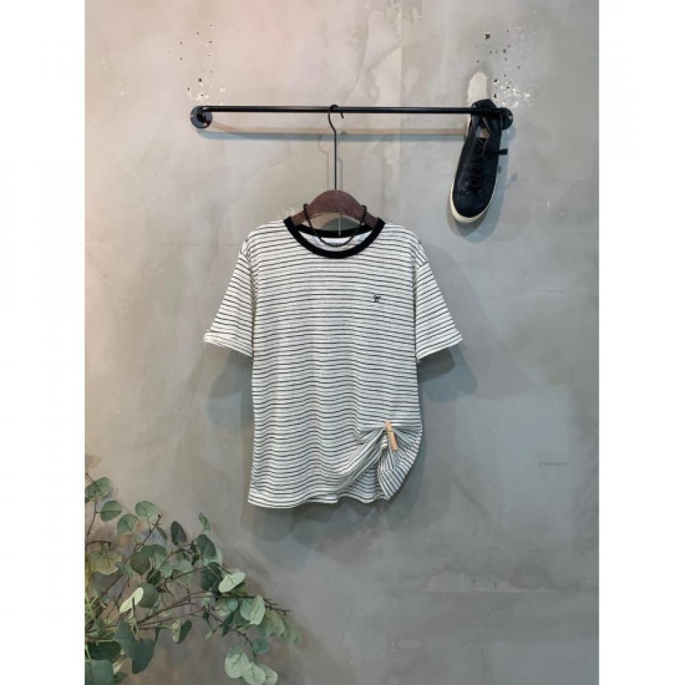 C S In The Room lInen STripe Embroidery ShorT Sleeve T ShirT 4 ColorS