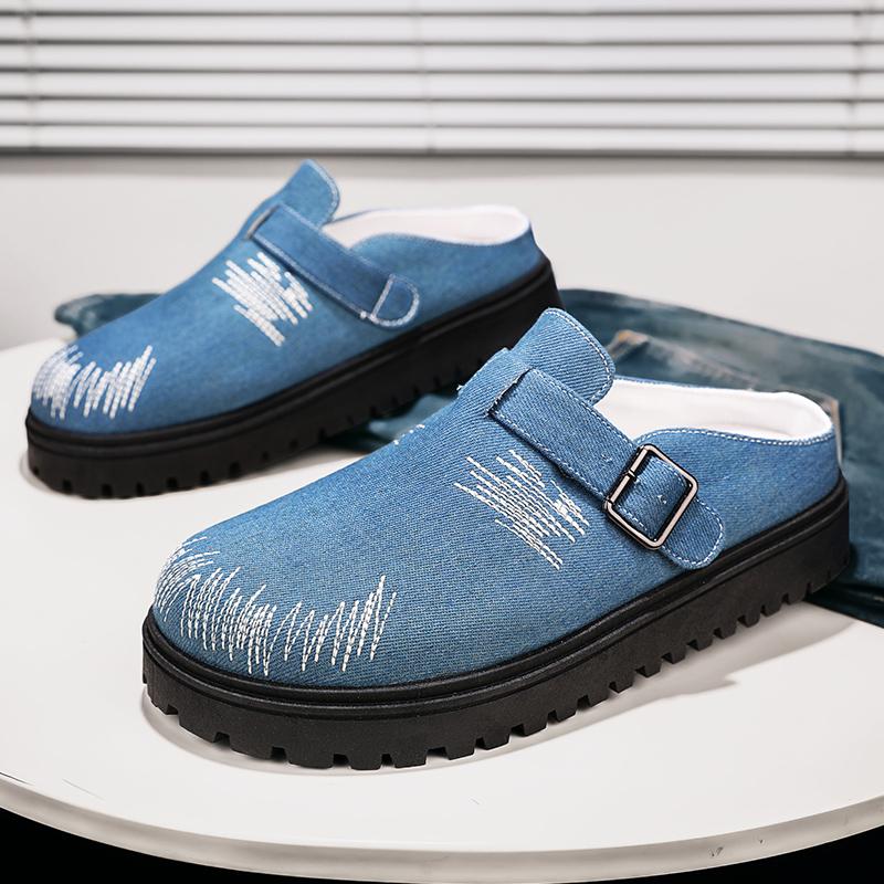 Fashion 2025 New Distress Thick Soled Slippers Round Toe Buckle Belt Slip On Retro Couples Shoes Summer Solid Leisure Concise Shoes