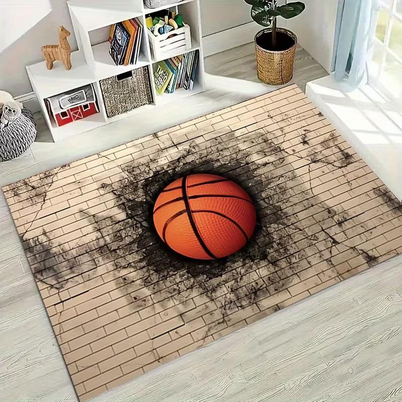 2D Basketball Print Rug Sport Anti-slip Floor Mat for Boys Bedroom Playroom Cool Brick Wall Style Carpet for Basketball Fan Home