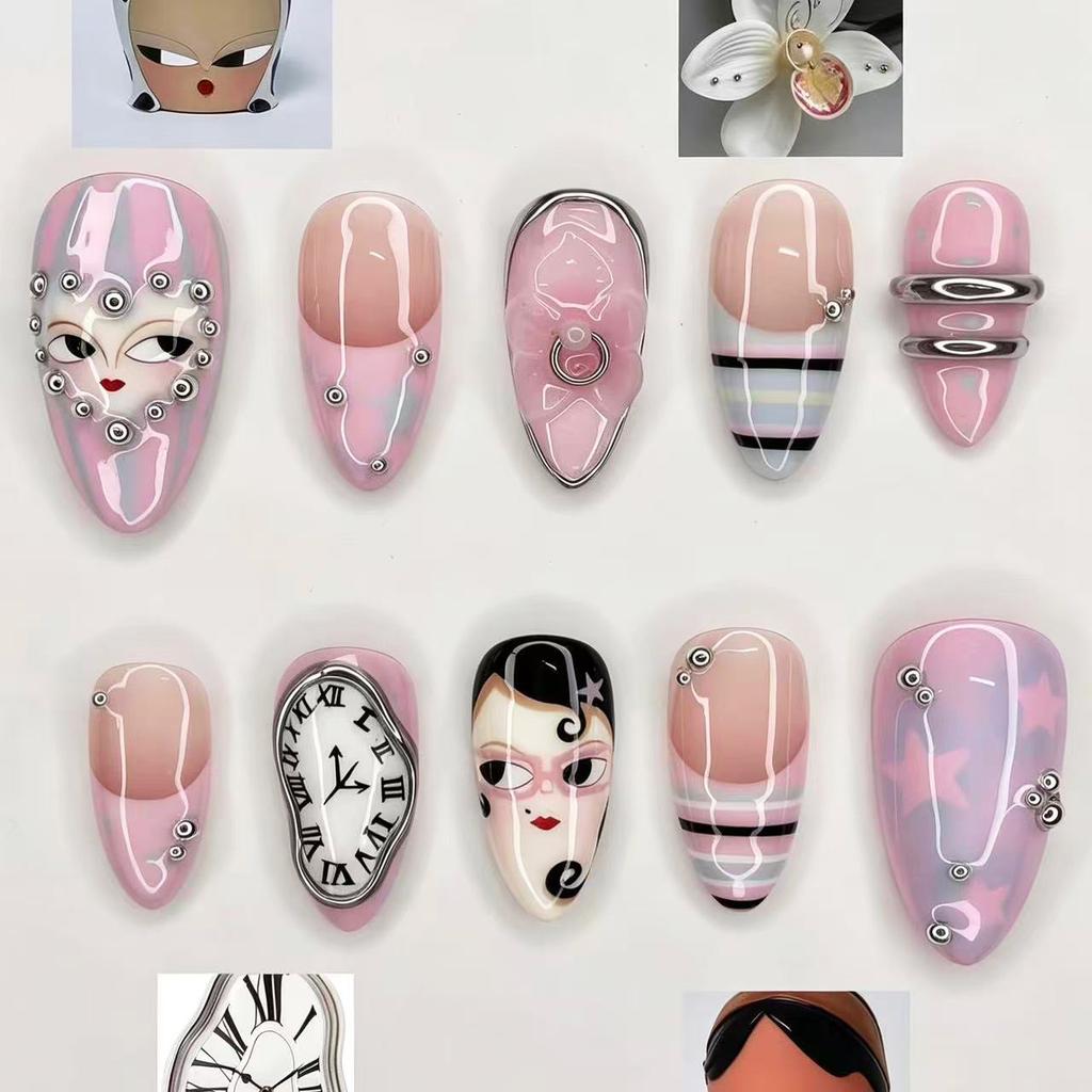 24PCS Dark Black Anime Nails Gothic Spiral Evil Eye Centipede Design Almond Press on Nails Horror Comic Gyaru Fake Nails Fashion