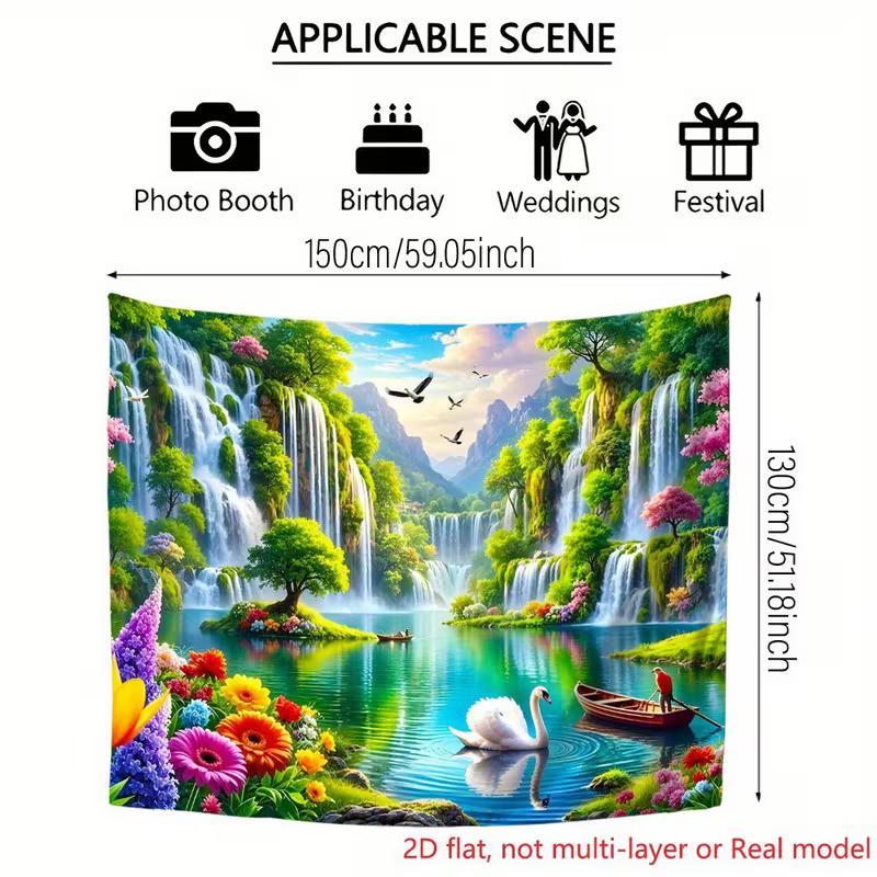 2D Fairy Lake Waterfall Backdrop Colorful Flowers Swan Tapestry for Festival Decoration