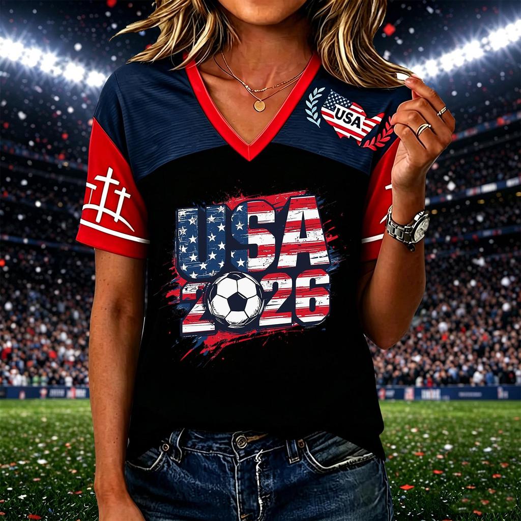 Women’s Casual Short Sleeve V Neck Pullover Top with USA 2026 Soccer Graphic Print Comfortable Loose Fit T Shirt for Daily Wear
