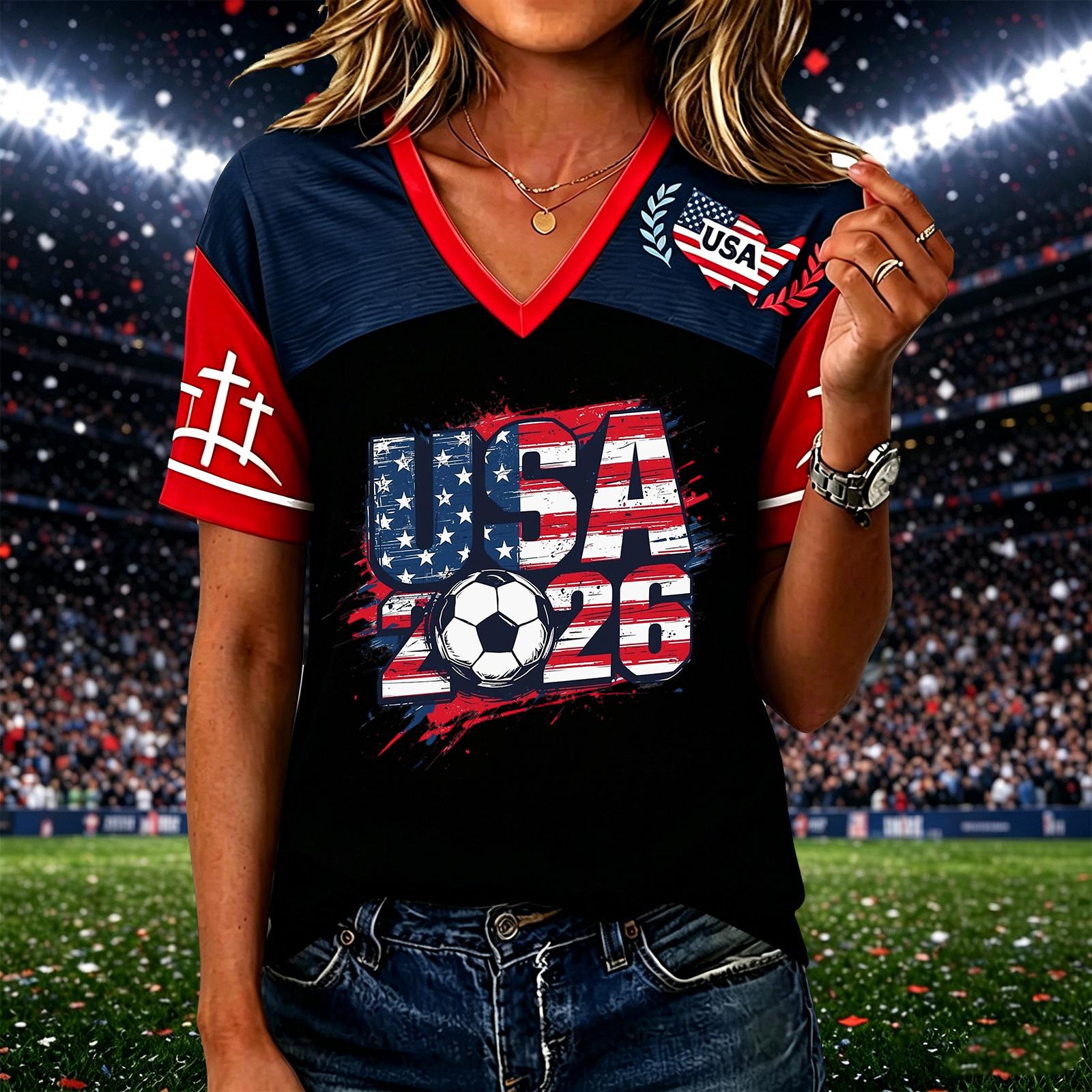 Women s Casual Soccer V Neck Pullover Top USA 2026 Print Short Sleeve Lightweight Comfortable Fit L