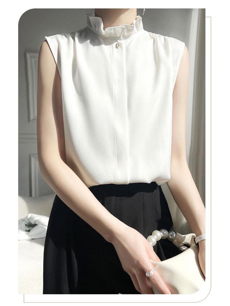 Silky Lotus Leaf Lace Collar Sleeveless Top for Women - Spring/Summer Fashion Layering Essential