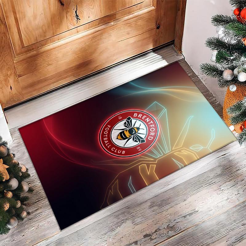 Brentford Football Print Crystal Velvet Rug, Comfortable Water Absorbent Non Slip Indoor Floor Carpet