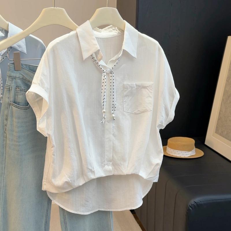 Women Korean Style Casual Short Sleeve Solid Simple Slimming Shirt Blouse Top Onesize белый