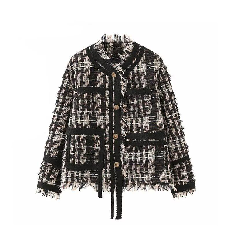 

Zbzr Осень Новинка Женская одежда Западный стиль Мода Темперамент Французский стиль Бахрома Отделка Верхняя одежда Круглый вырез Куртка Топ Black L