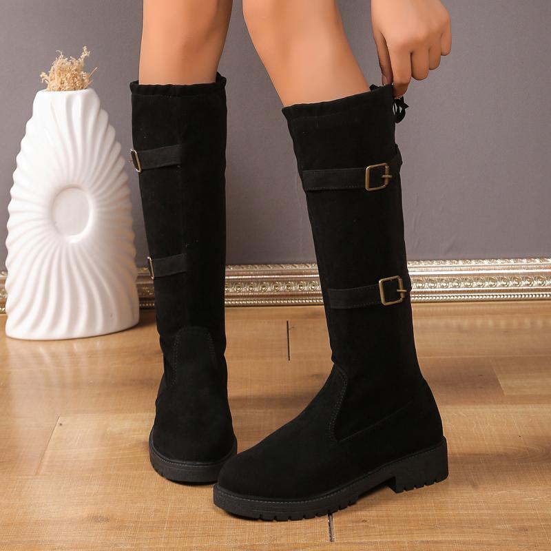 Fashion Metal Buckle Decoration Knee Boots Women  Autumn Sexy Solid Black Slip On Boots Lace Up Bowknot Medium Heel Booties