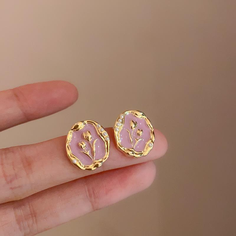 Retro Geometry Golden Color Frame Tulip Stud Earrings for Women Trendy Black Enamel Oil Flowers Earrings Fashion Jewelry Gift