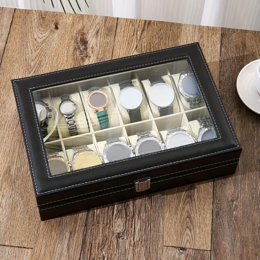 A Faux Leather Watch Storage Box That Holds 12 Watches, Perfect for Displaying Timepieces And Storing Jewelry Like Bracelets
