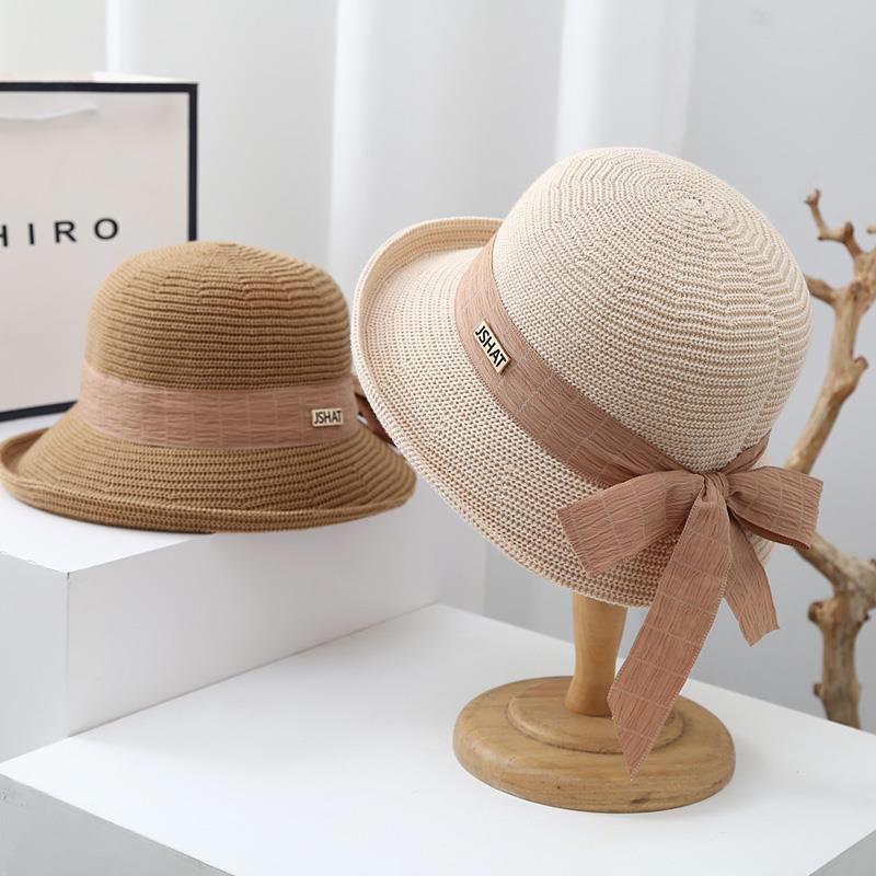 Bow streamer fisherman hat women spring and autumn early winter casual versatile basin hat fashionable and elegant knitted top hat