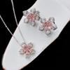 Frühlings-Sakura-Rosa-Diamant-Schmuckset für Damen: Offener Ring, Anhänger, Ohrringe, Halskette