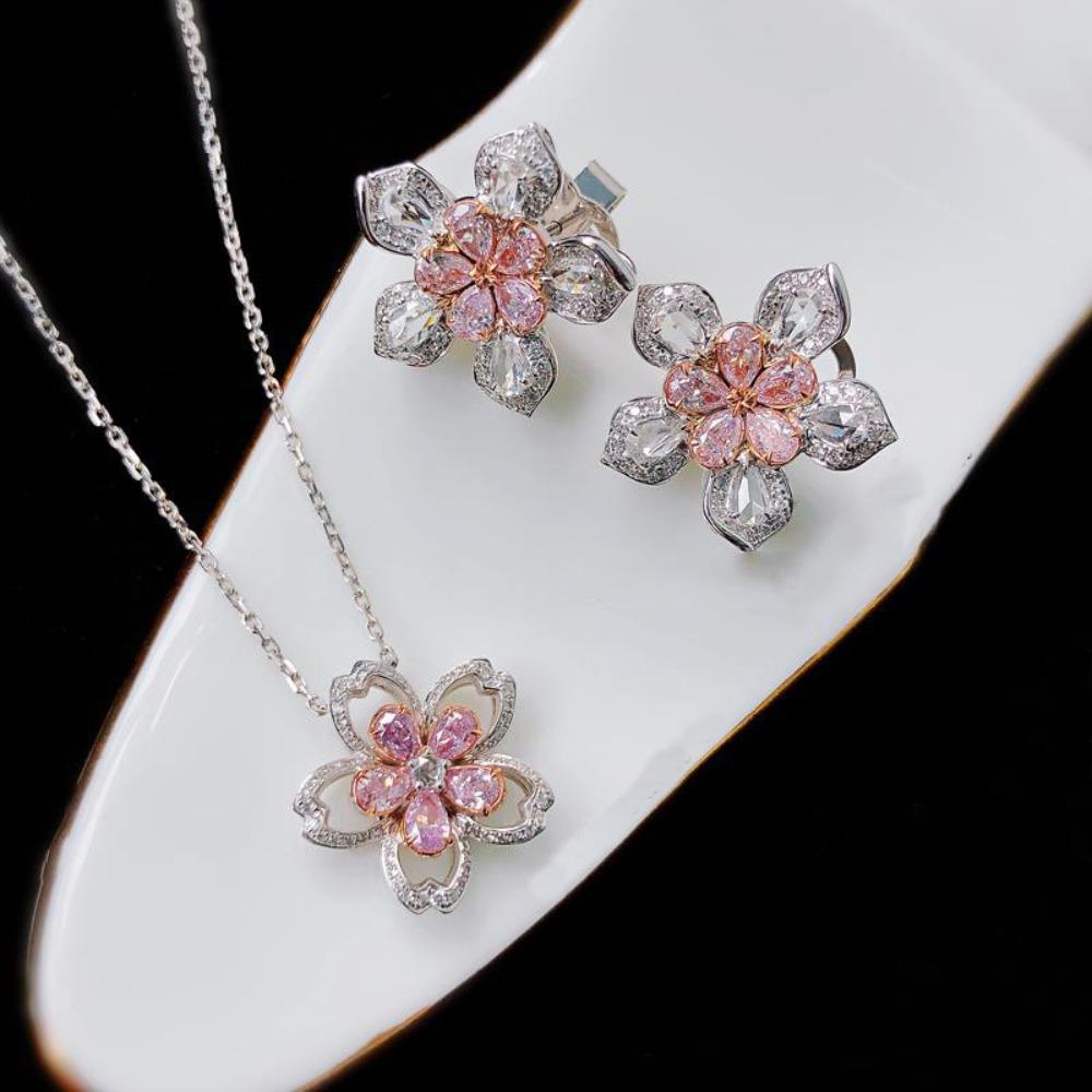 Spring Sakura Pink Diamond Jewelry Set for Women Open Ring Pendant Earrings Necklace