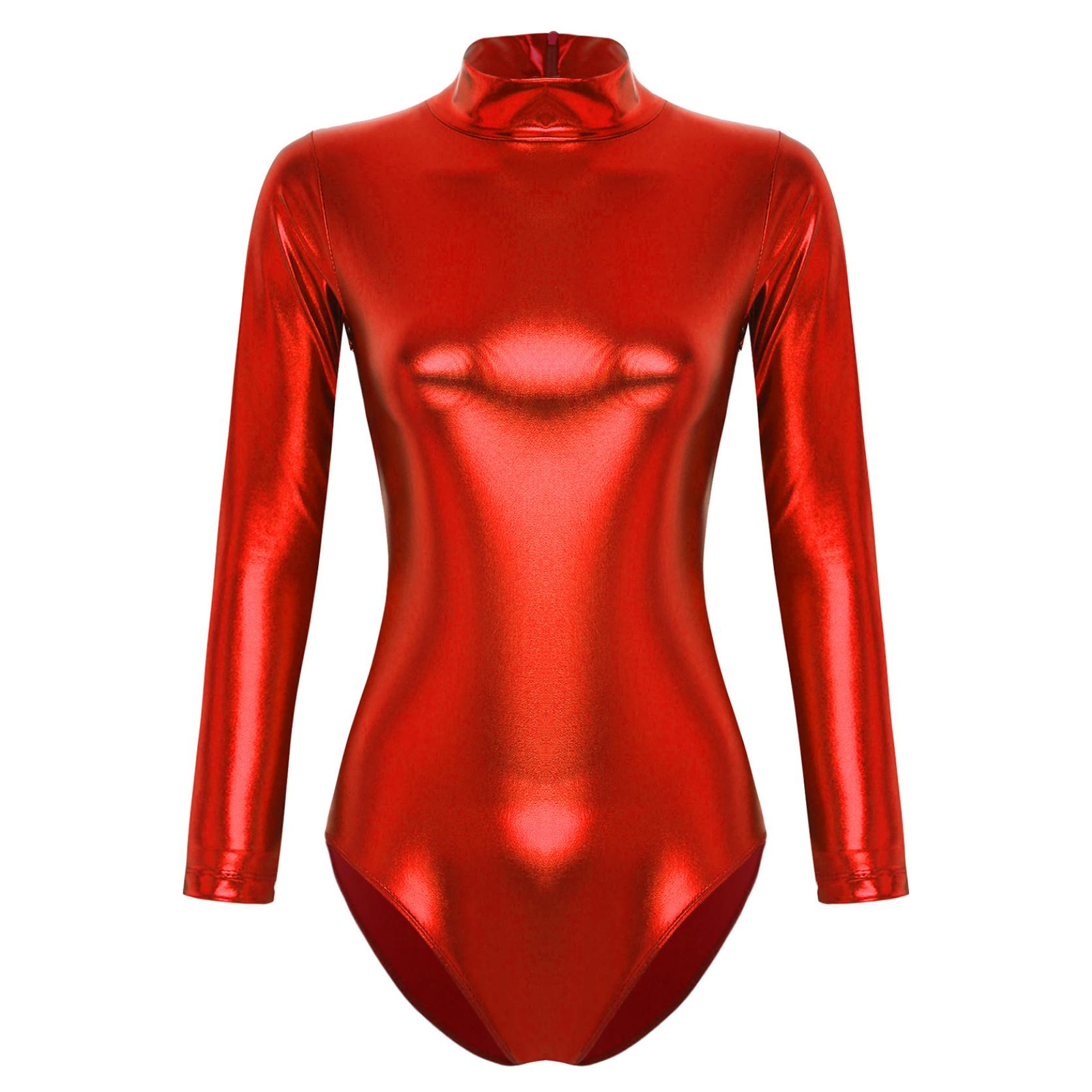 

Жіноче металеве блискуче спортивне трико Боді з довгим рукавом Обтягуючі вузькі колготки Комбінезон Суцільний комбінезон Rave Disco Party Performance червоний