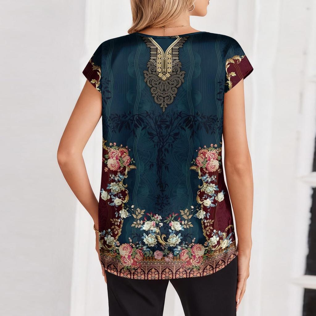 Damskie Bluzki Plamiste Krótki Rękaw Koszule Dekolt V Biznesowe Codzienne Stroje