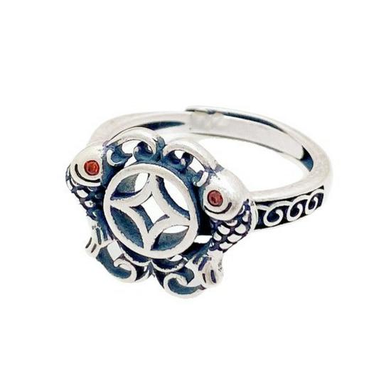YintaiFei Ethnic Thai Silver Pisces Coin Ring: Vintage Retro Women's Versatile Finger Jewelry