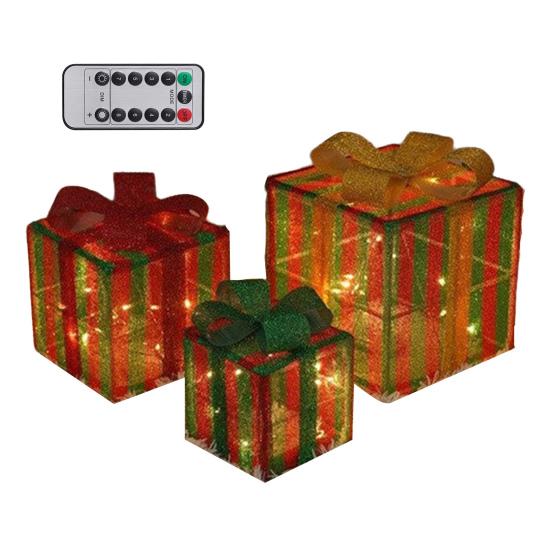 3 Stück Weihnachtsgeschenkboxen mit Beleuchtung und Schleife LED Leuchtende Geschenkboxen für Innen- und Außenbereich Zuhause Veranda Weihnachtsbaum Partydeko