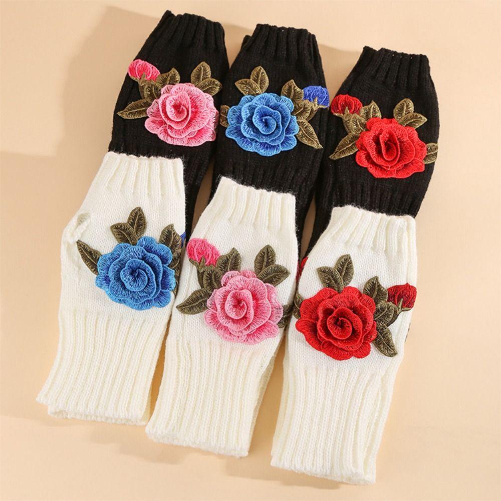 Cute Vintage Embroidery Knitted Gloves Half Finger Thick Winter Wool Gloves Waterproof Windproof Fingerless Gloves Outdoor
