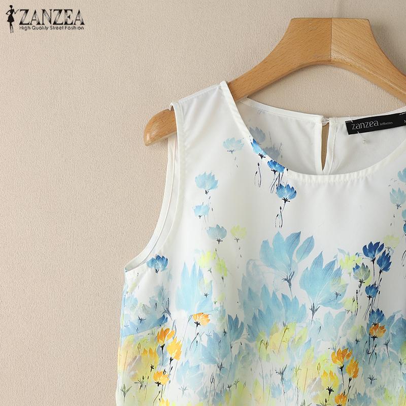 ZANZEA Camisetas sin mangas de verano para mujer con cuello redondo y estampado floral