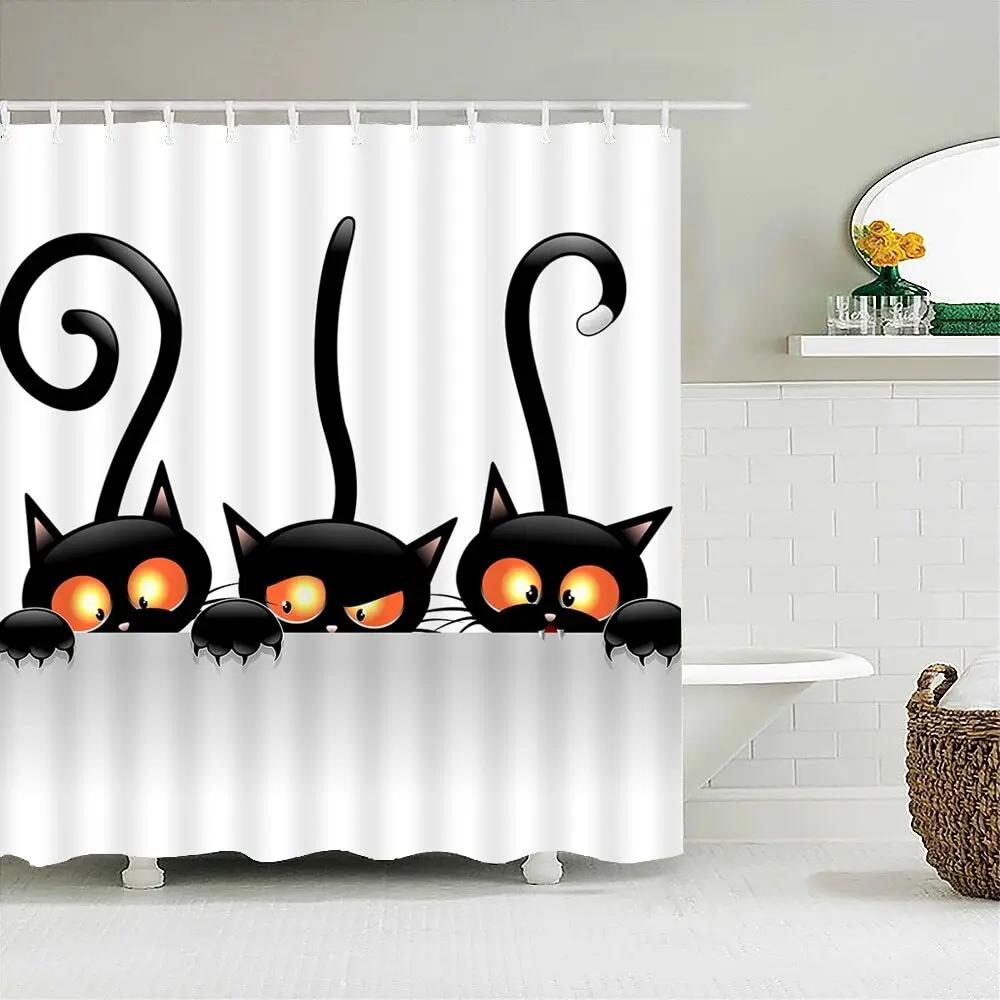Cartoon Cats Shower Curtain Bathroom Curtain Waterproof Polyester Bathroom Kids Curtain with Hooks Animal Black White Home Decor