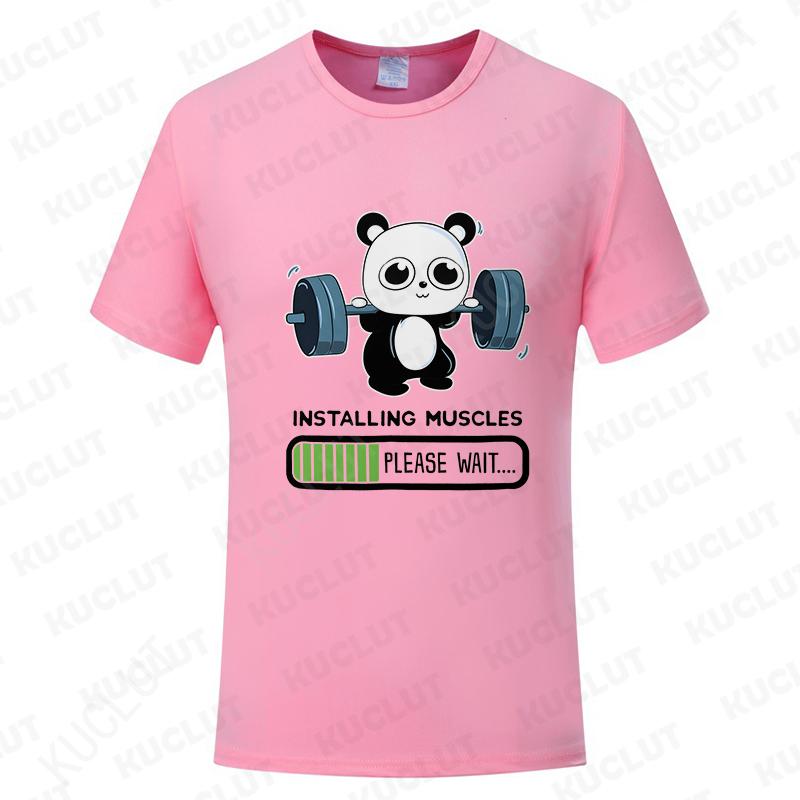 Funny Panda Gym Print T-Shirt Unisex Tees for Men Women O-neck Casual Short Sleeved Weightlifting Installing Muscles Basic Tops