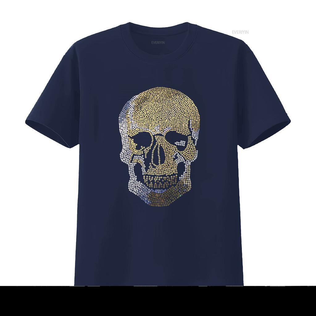 Mens Sugar Skull Bling Rhinestone Sparkle Sequin Sequined T Shirt Biker  Vintage Washed Soft Graphic Designer Clothes Stylish