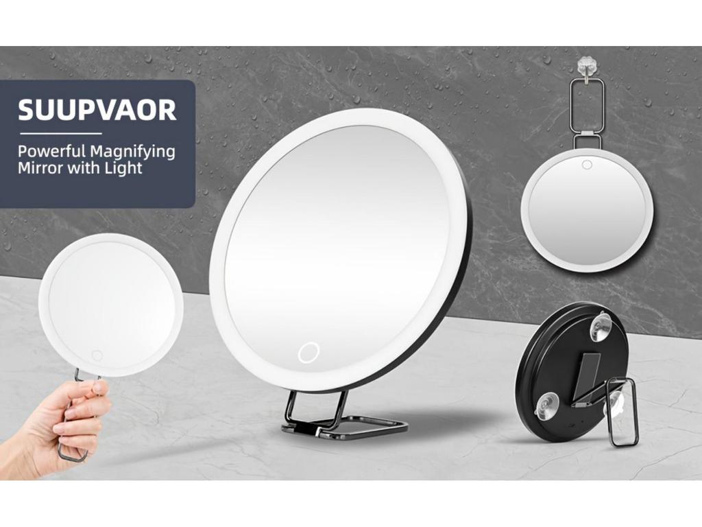 Rechargeable 6-Inch Makeup Mirror with 30x Magnification, LED Fill Light, 360° Bracket, and 3 Suction Cups