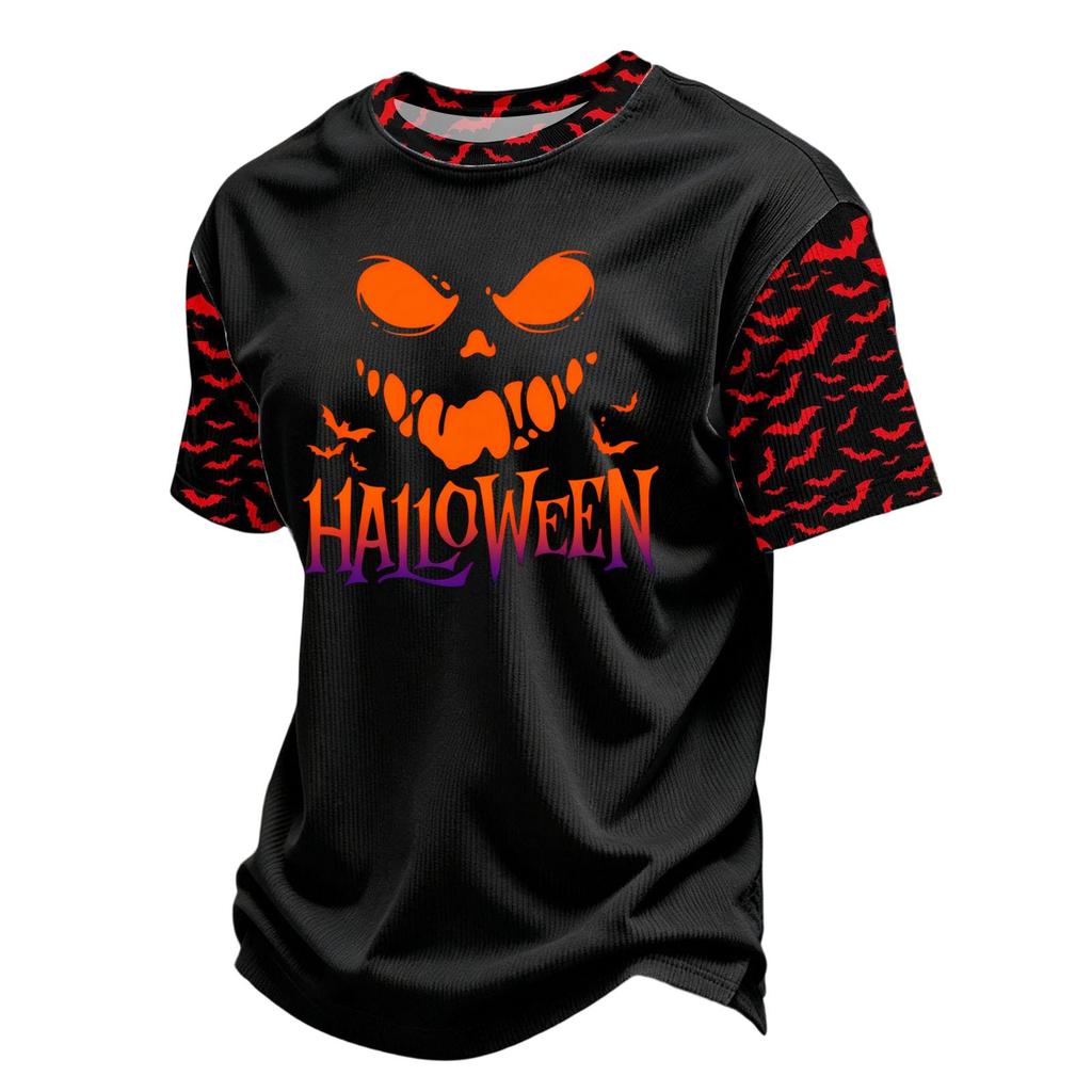 Men's Casual Corduroy Round Neck Lightweight Breathable Short Sleeve Top Halloween Print Lettering Design