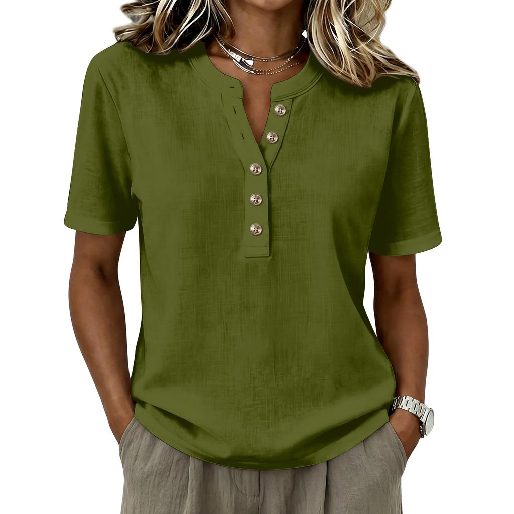 Women’s Fashion Solid Pattern Henley Button Neck Short Sleeve Cotton Linen Shirt for Casual and Daily Wear