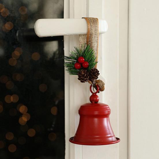 Christmas Bell Hanging Ornaments Rustic Metal Bell Decoration with Artificial Pine Needles Berries for Christmas Tree Wreath Door Window Decor