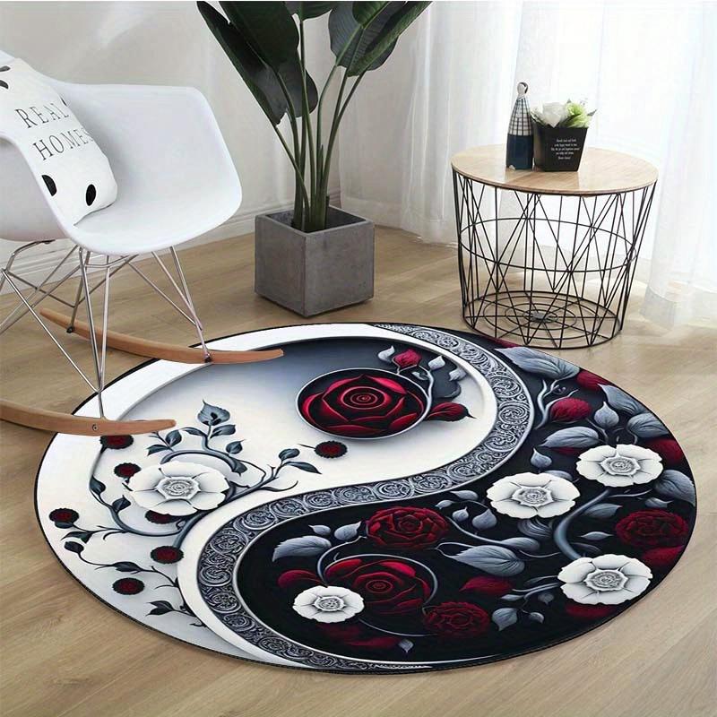 1pc Yin Yang Floral Tai Chi Rug - Machine Washable, Black and White with Red Roses, Round Mat for Living Room or Bedroom