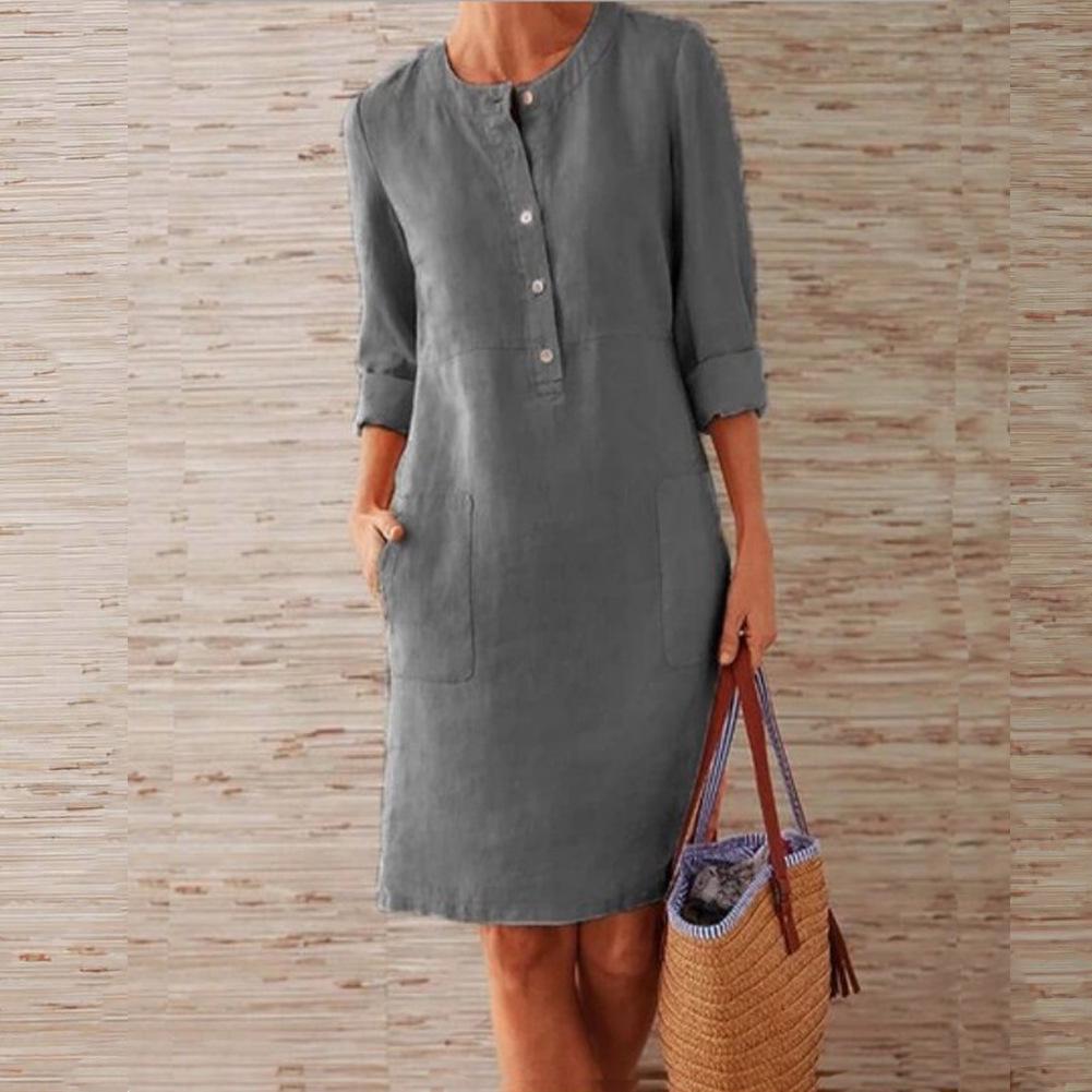 

Plus Size Women s Cotton Round Neck Long-Sleeved Breathable Dress XL
