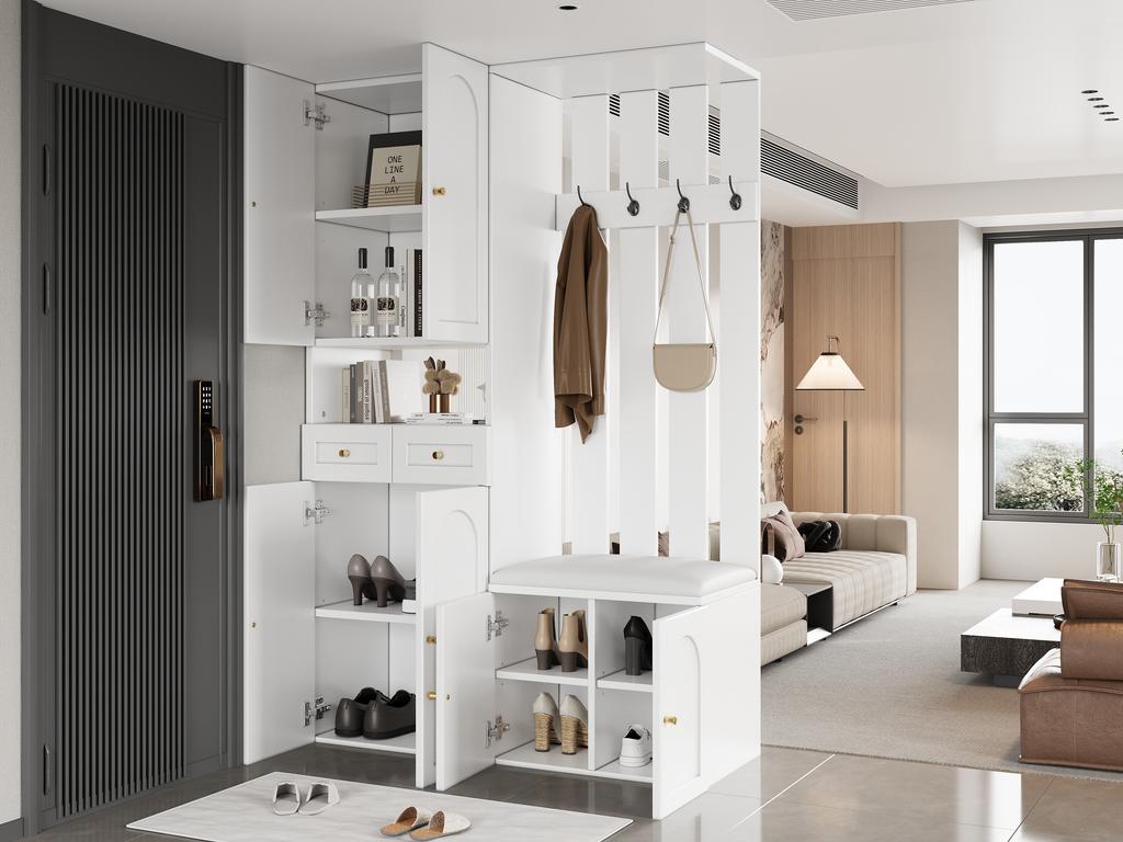 Wardrobe Set, Wall Wardrobe; Wardrobe Set with Shoe Bench and Shoe Cabinet, 4 Hooks, 6 Doors, 2 Drawers, White Hallway Furniture (W110×H180×D37cm)