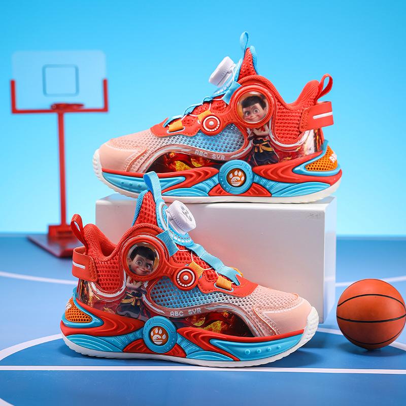 Nezha classmate children's basketball shoes summer new boys' single net hollow sports shoes medium and older children's breathable travel shoes