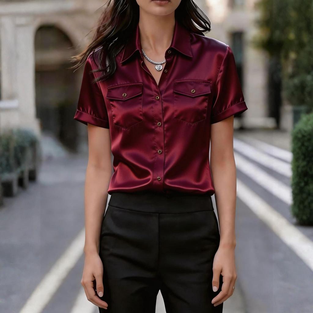Women's Elegant Satin Short-Sleeve Blouse With Double Pockets