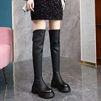 6Cm Autumn and Winter Velvet Soft Leather Thick-soled High-heeled Knee Boots Women's Black Rear Zipper Round Head Thick-heeled High Boots