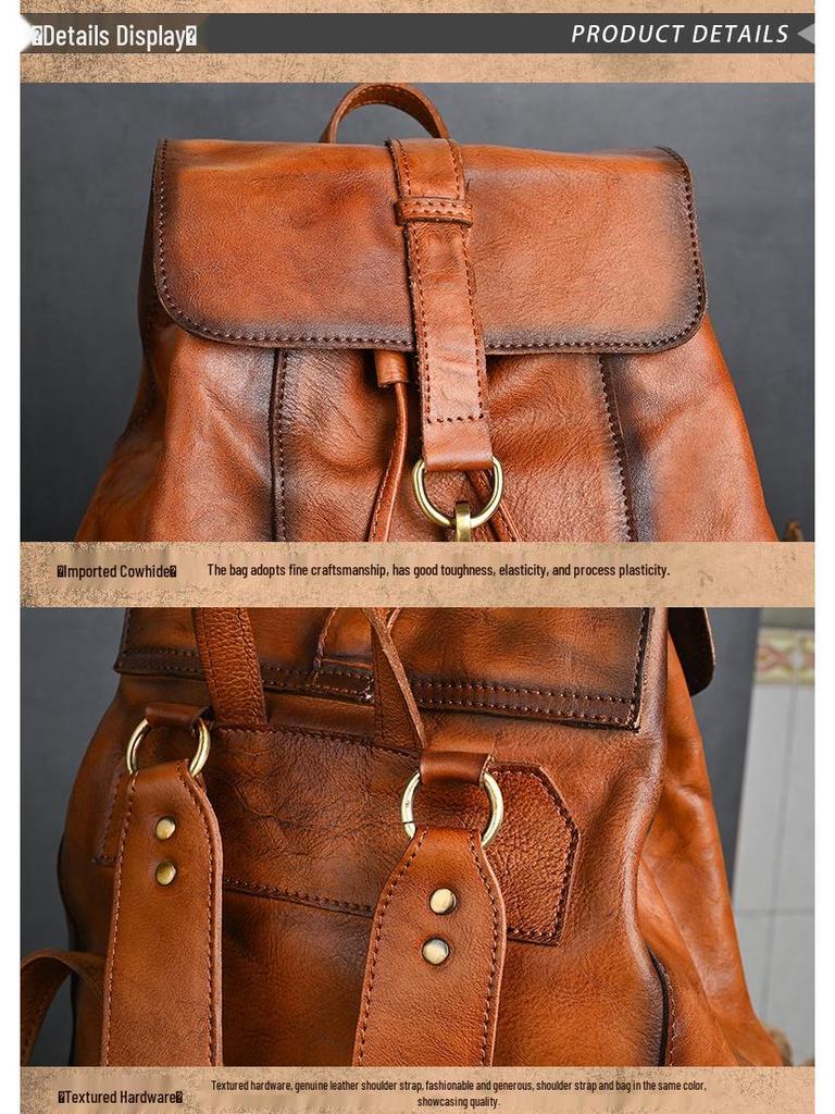 Chaozhou Vintage Handmade Leather Backpack for Casual Travel, 14-Inch Laptop Bag