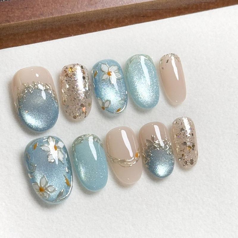 10Pcs Gold Flower Cat Eye Short Oval French Handmade Press On Nails Exquisite Shiny Full Cover Fake Nails
