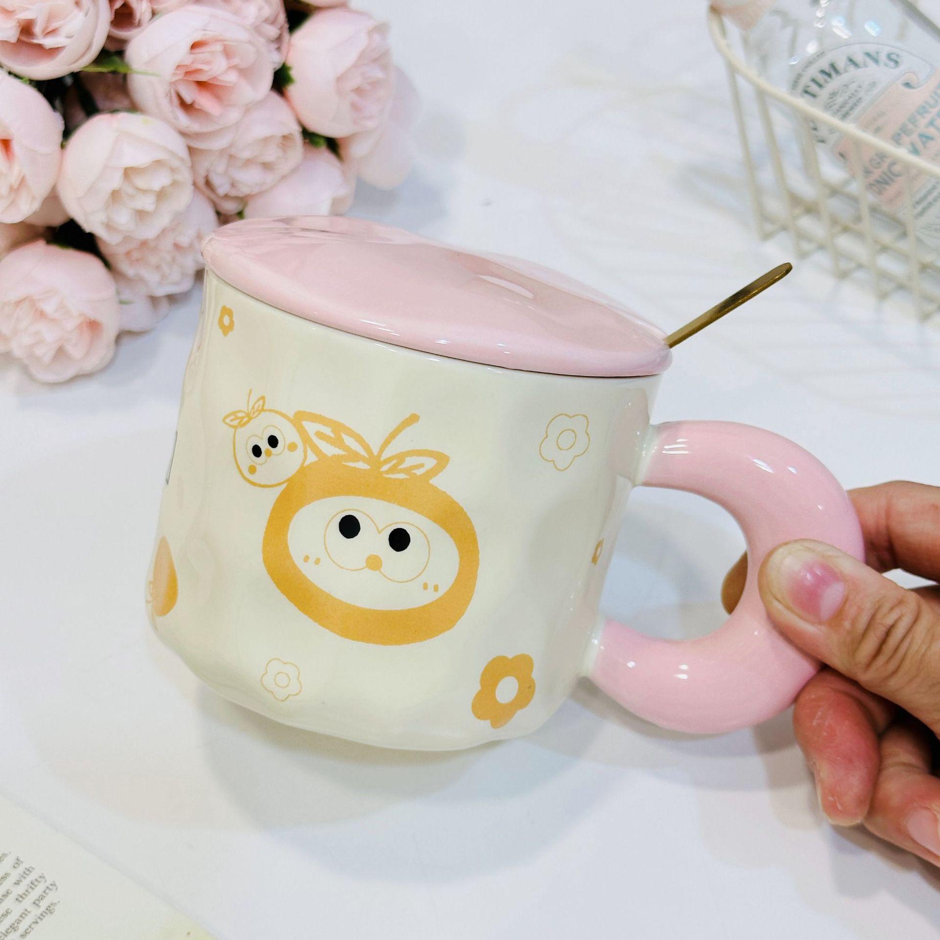 

Adorable Fruit Belt Ceramic Cup with High Appearance with Cover Spoon for Home Use Set of Girls Water Cup Office Use Mug 400ML