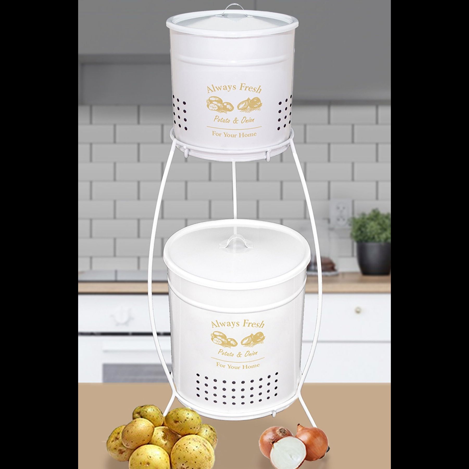 Dote di secchio per patate e cipolle in metallo a 2 livelli di grandi dimensioni